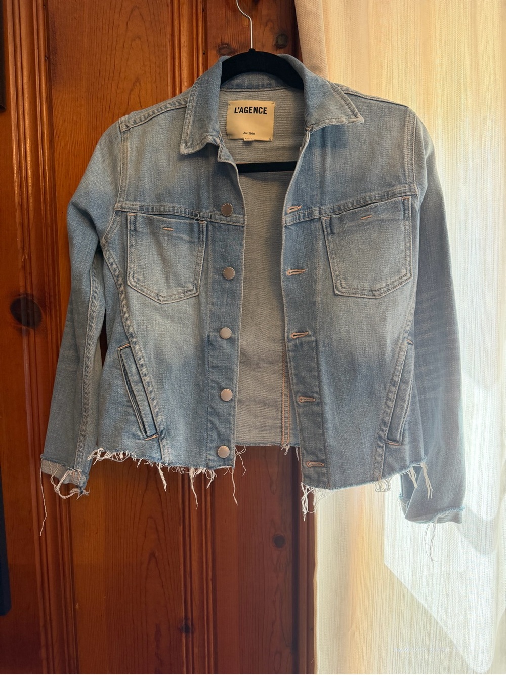 L'AGENCE Light Blue Distressed Denim Jacket